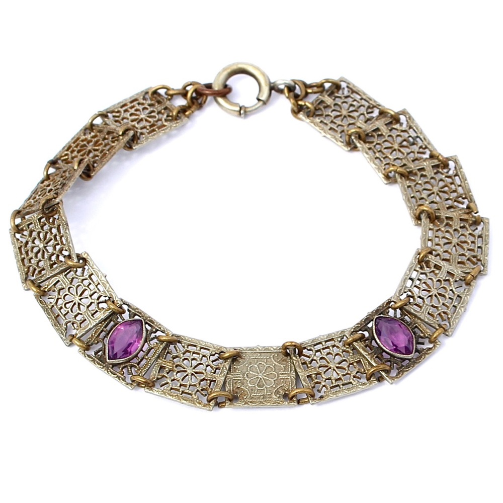 Antique Art Deco Amethyst Glass Panel Bracelet Floral Openwork Square Link